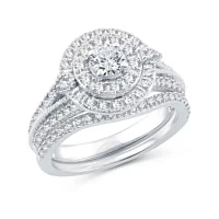 Womens 1 CT. T.W. Natural Diamond 10K White Gold Round Side Stone Halo Bridal Set