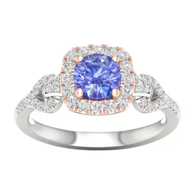 Modern Bride Gemstone Womens 1/3 CT. T.W. Genuine Blue Tanzanite 10K Rose Gold Cushion Side Stone Halo Engagement Ring
