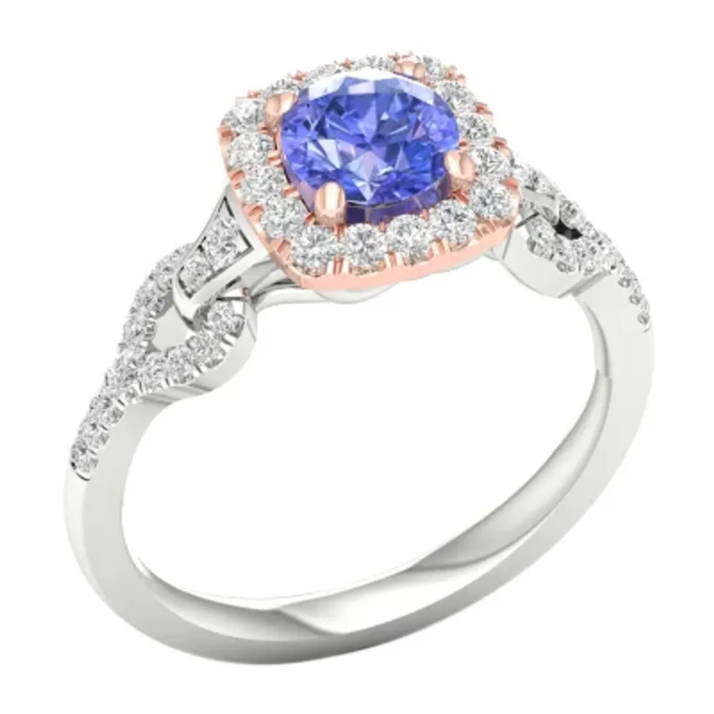 Modern Bride Gemstone Womens 1/3 CT. T.W. Genuine Blue Tanzanite 10K Rose Gold Cushion Side Stone Halo Engagement Ring