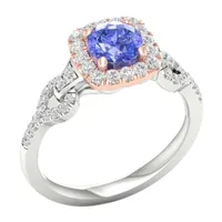 Modern Bride Gemstone Womens 1/3 CT. T.W. Genuine Blue Tanzanite 10K Rose Gold Cushion Side Stone Halo Engagement Ring