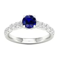 Modern Bride Gemstone Womens 1/2 CT. T.W. Genuine Blue Sapphire 10K White Gold Round Side Stone Engagement Ring