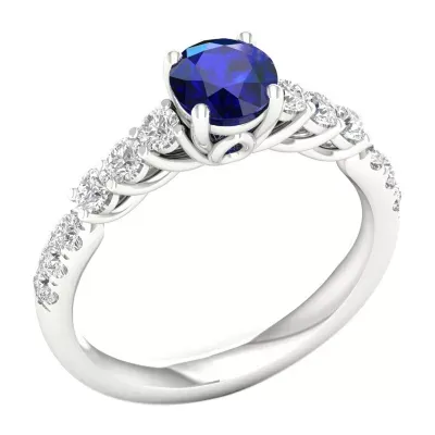 Modern Bride Gemstone Womens 1/2 CT. T.W. Genuine Blue Sapphire 10K White Gold Round Side Stone Engagement Ring