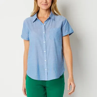 St. John's Bay Womens Short Sleeve Regular Fit Button-Down Shirt