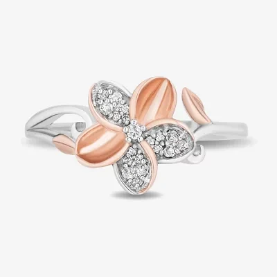 Enchanted Disney Fine Jewelry Womens 1/10 CT. T.W. Natural White Diamond 14K Rose Gold Over Silver Flower Moana Cocktail Ring