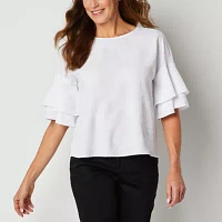 Liz Claiborne Womens Round Neck Elbow Sleeve Blouse