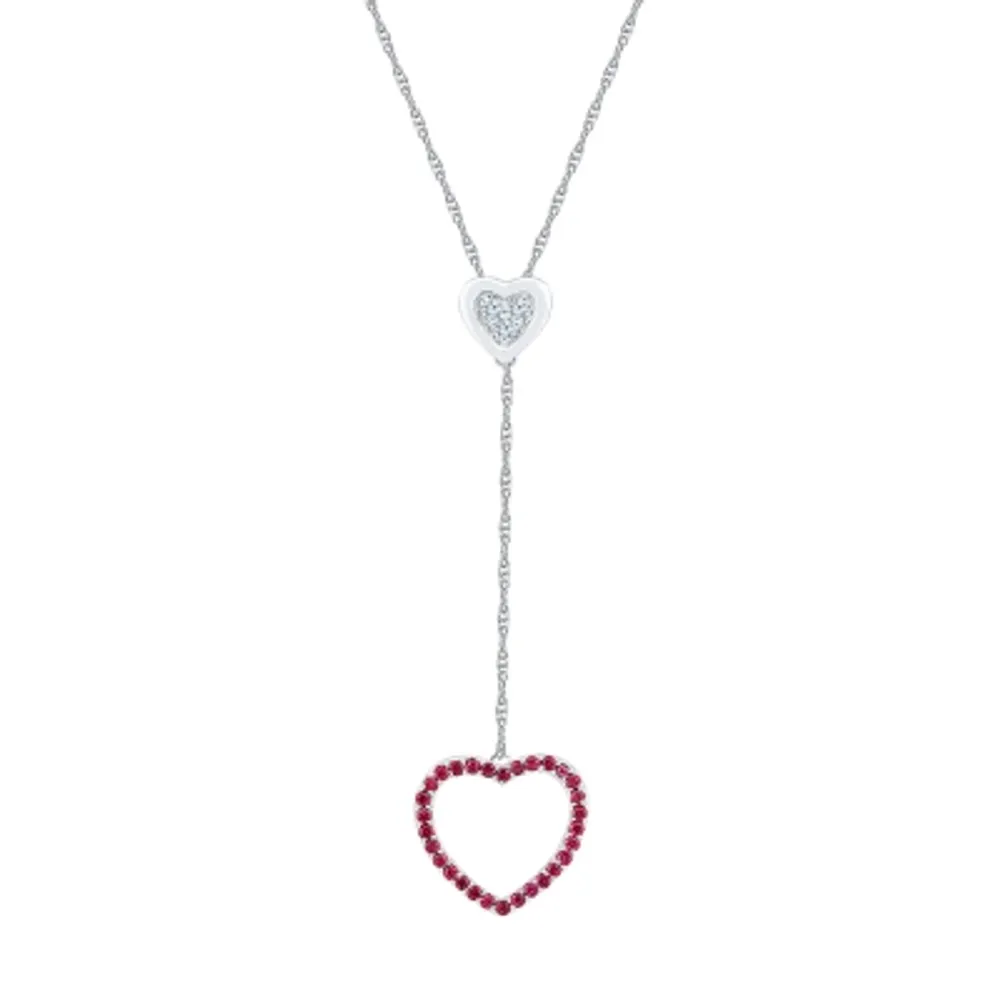 Womens Lab Created Red Ruby Sterling Silver Heart Y Necklace