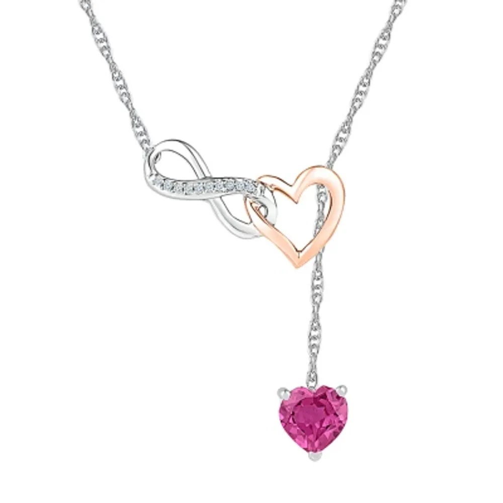 Womens Diamond Accent Lab Created Pink Sapphire 10K Rose Gold Sterling Silver Heart Pendant Necklace