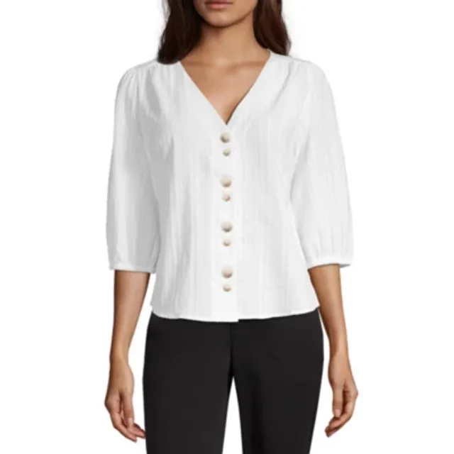 Worthington Womens Y Neck Elbow Sleeve Blouse