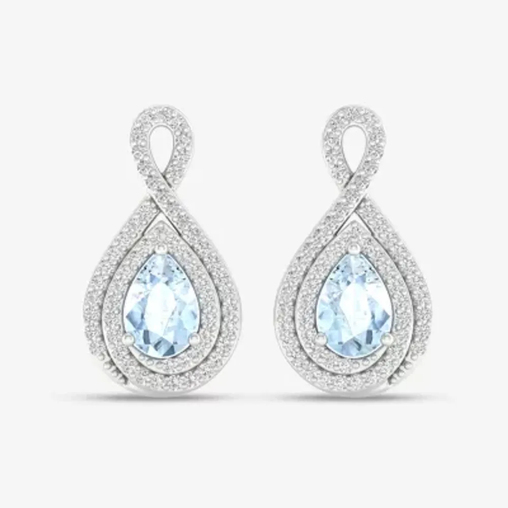 Womens Genuine Blue Aquamarine & 1/4 CT. T.W. Genuine Diamond 10K Gold 16.9mm Pear Stud Earrings