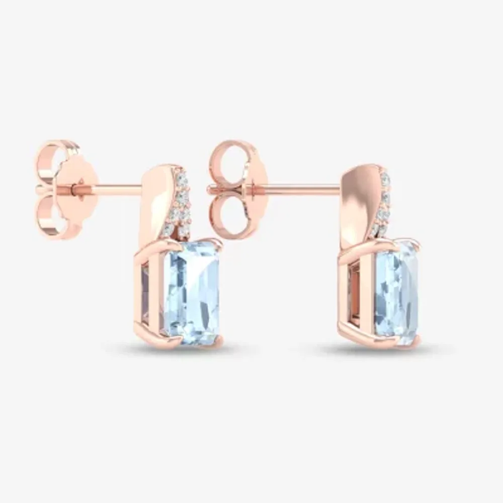 Diamond Accent Genuine Blue Aquamarine 10K Rose Gold 13.2mm Stud Earrings