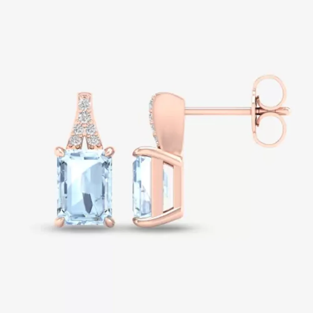 Diamond Accent Genuine Blue Aquamarine 10K Rose Gold 13.2mm Stud Earrings