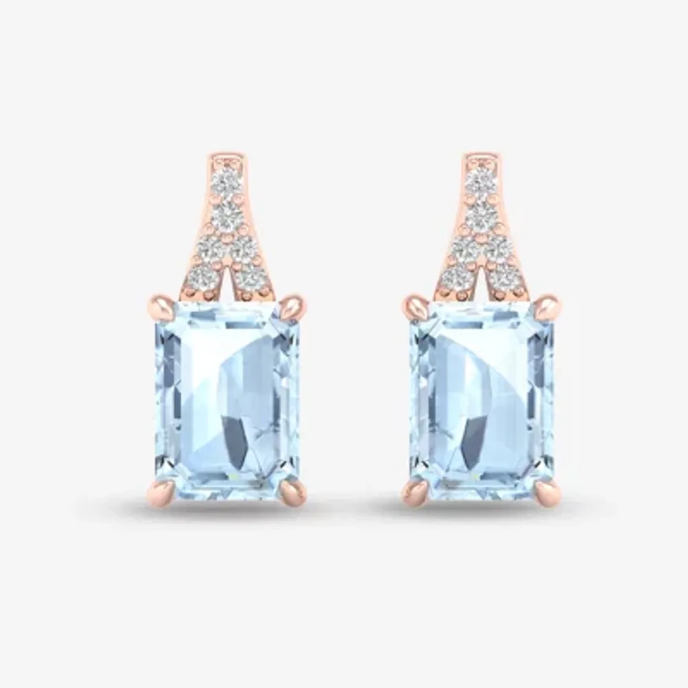 Diamond Accent Genuine Blue Aquamarine 10K Rose Gold 13.2mm Stud Earrings