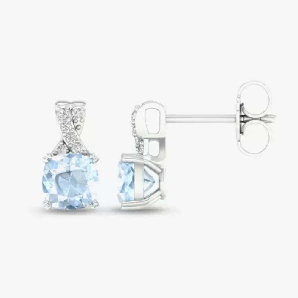 Diamond Accent Genuine Blue Aquamarine 10K Gold 10.4mm Cushion Stud Earrings
