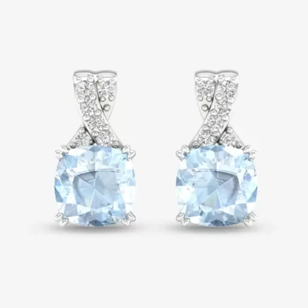 Diamond Accent Genuine Blue Aquamarine 10K Gold 10.4mm Cushion Stud Earrings