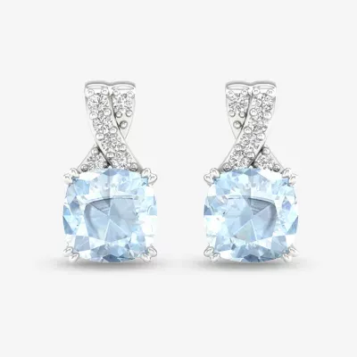 Diamond Accent Genuine Blue Aquamarine 10K Gold 10.4mm Cushion Stud Earrings