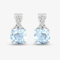 Diamond Accent Genuine Blue Aquamarine 10K Gold 10.4mm Cushion Stud Earrings