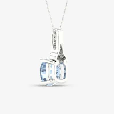 Womens Diamond Accent Genuine Blue Aquamarine 10K Gold Cushion Pendant Necklace