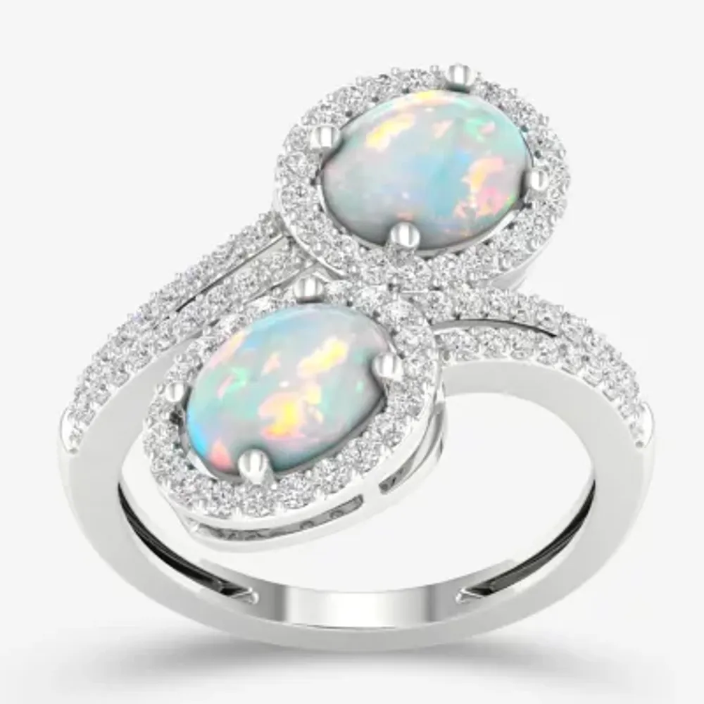 Womens Lab Created White Opal Sterling Silver Oval Cocktail Ring