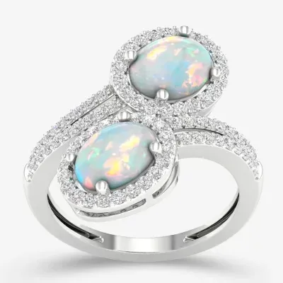 Womens Lab Created White Opal Sterling Silver Oval Cocktail Ring