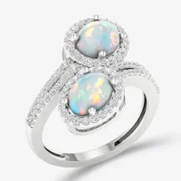 Womens Lab Created White Opal Sterling Silver Oval Cocktail Ring