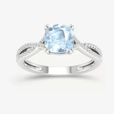 Womens Genuine Blue Aquamarine 10K Gold Cushion Crossover Cocktail Ring