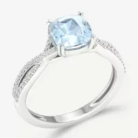 Womens Genuine Blue Aquamarine 10K Gold Cushion Crossover Cocktail Ring