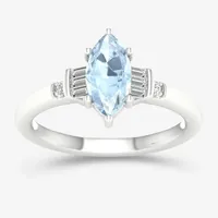 Womens Genuine Blue Aquamarine 10K Gold Marquise Cocktail Ring