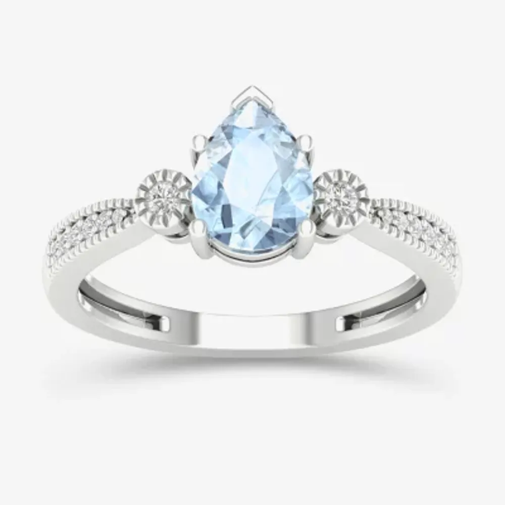 Womens Genuine Blue Aquamarine & 1/ CT. T.W. Diamond 10K Gold Pear Cocktail Ring