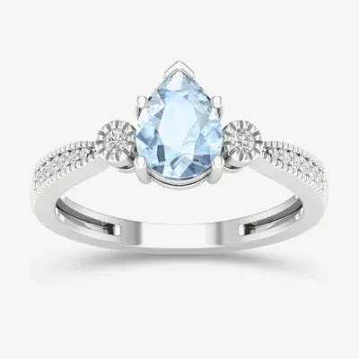 Womens Genuine Blue Aquamarine & 1/10 CT. T.W. Diamond 10K Gold Pear Cocktail Ring