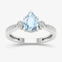 Womens Genuine Blue Aquamarine & 1/10 CT. T.W. Diamond 10K Gold Pear Cocktail Ring