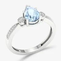 Womens Genuine Blue Aquamarine & 1/10 CT. T.W. Diamond 10K Gold Pear Cocktail Ring