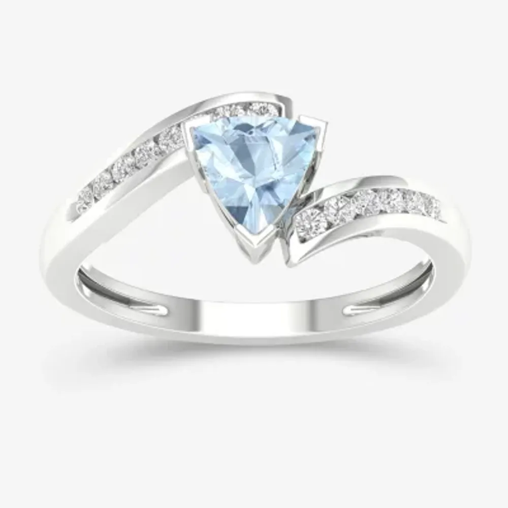 Womens Genuine Blue Aquamarine 10K Gold Triangle Bypass  Cocktail Ring