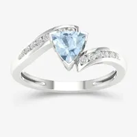 Womens Genuine Blue Aquamarine 10K Gold Triangle Bypass  Cocktail Ring