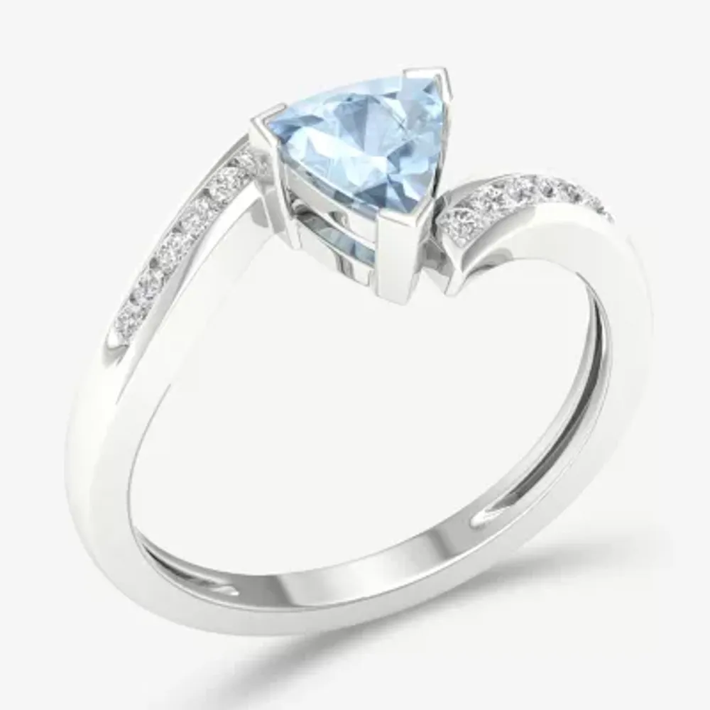 Womens Genuine Blue Aquamarine 10K Gold Triangle Bypass  Cocktail Ring