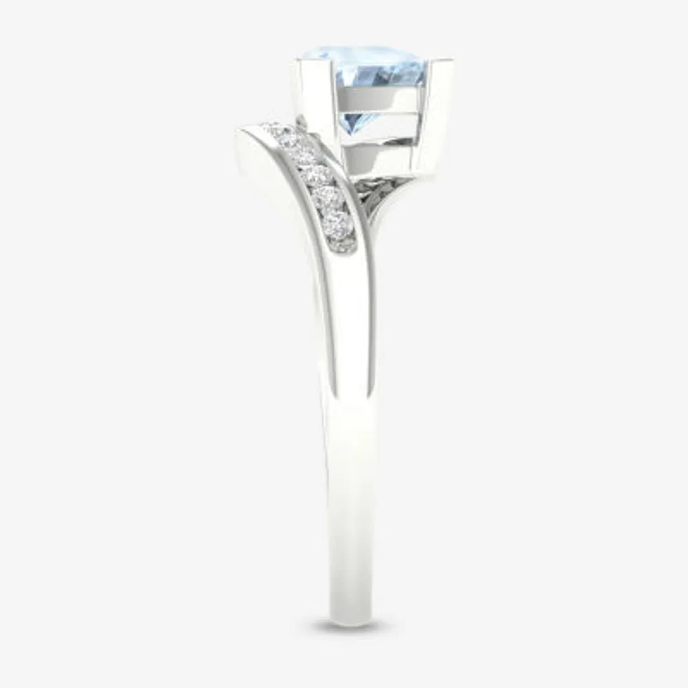 Womens Genuine Blue Aquamarine 10K Gold Triangle Bypass  Cocktail Ring