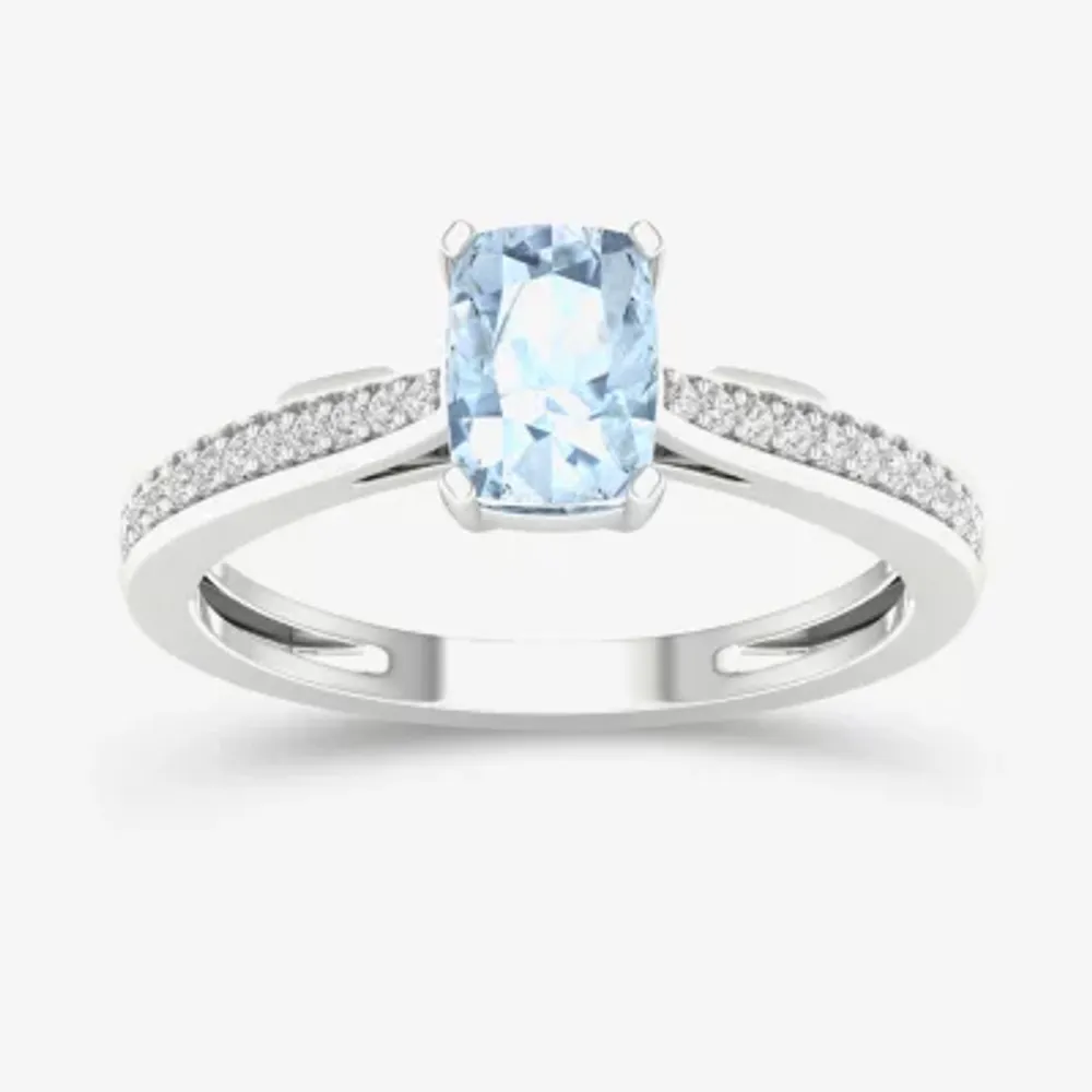 Womens Genuine Blue Aquamarine 10K Gold Rectangular Cocktail Ring