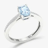 Womens Genuine Blue Aquamarine 10K Gold Rectangular Cocktail Ring