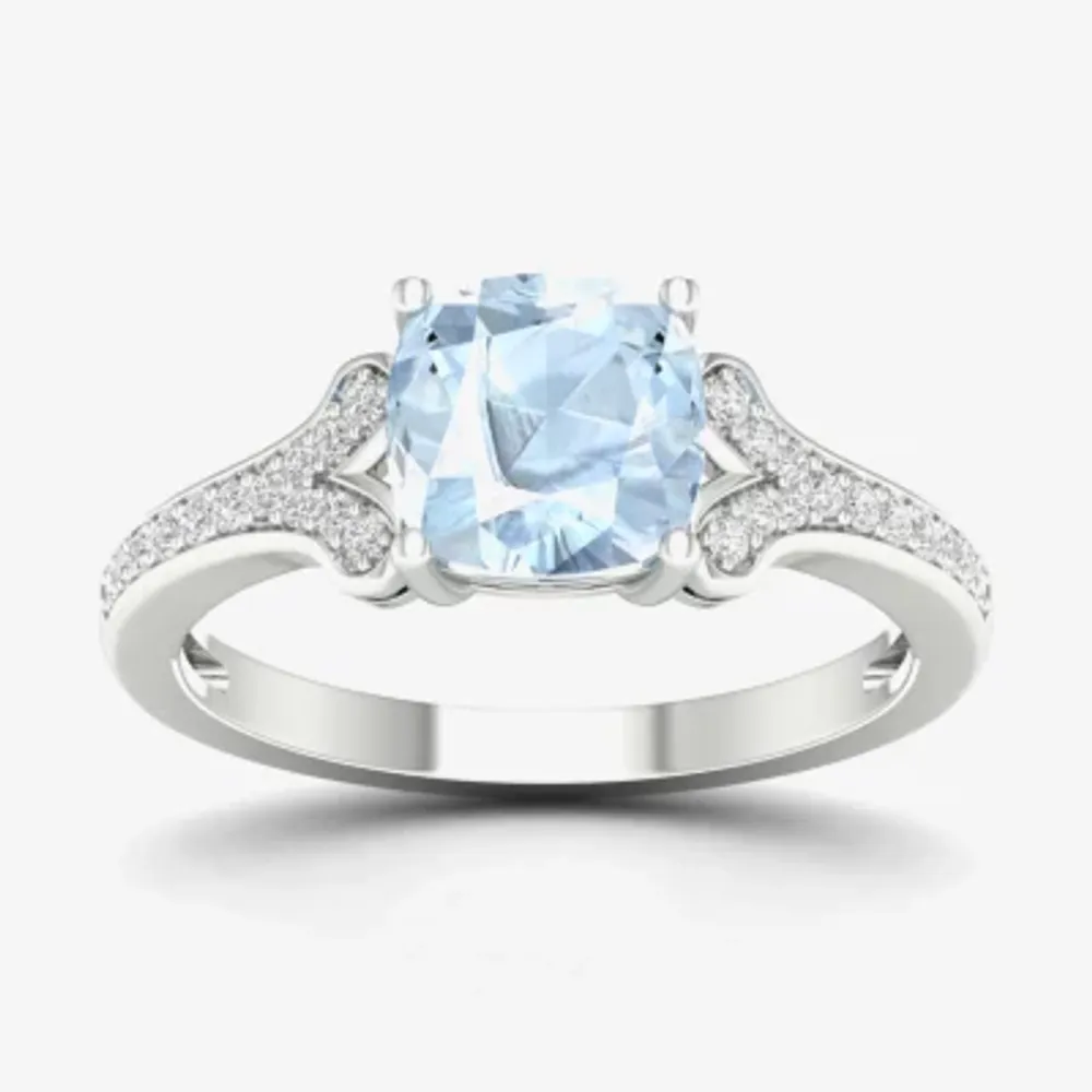 Womens Genuine Blue Aquamarine & 1/ CT. T.W. Diamond 10K Gold Cushion Cocktail Ring