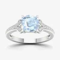 Womens Genuine Blue Aquamarine & 1/ CT. T.W. Diamond 10K Gold Cushion Cocktail Ring