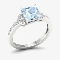 Womens Genuine Blue Aquamarine & 1/ CT. T.W. Diamond 10K Gold Cushion Cocktail Ring