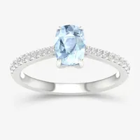 Womens Genuine Blue Aquamarine & 1/ CT. T.W. Diamond 10K Gold Cushion Cocktail Ring