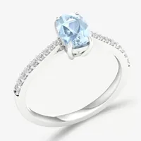 Womens Genuine Blue Aquamarine & 1/ CT. T.W. Diamond 10K Gold Cushion Cocktail Ring