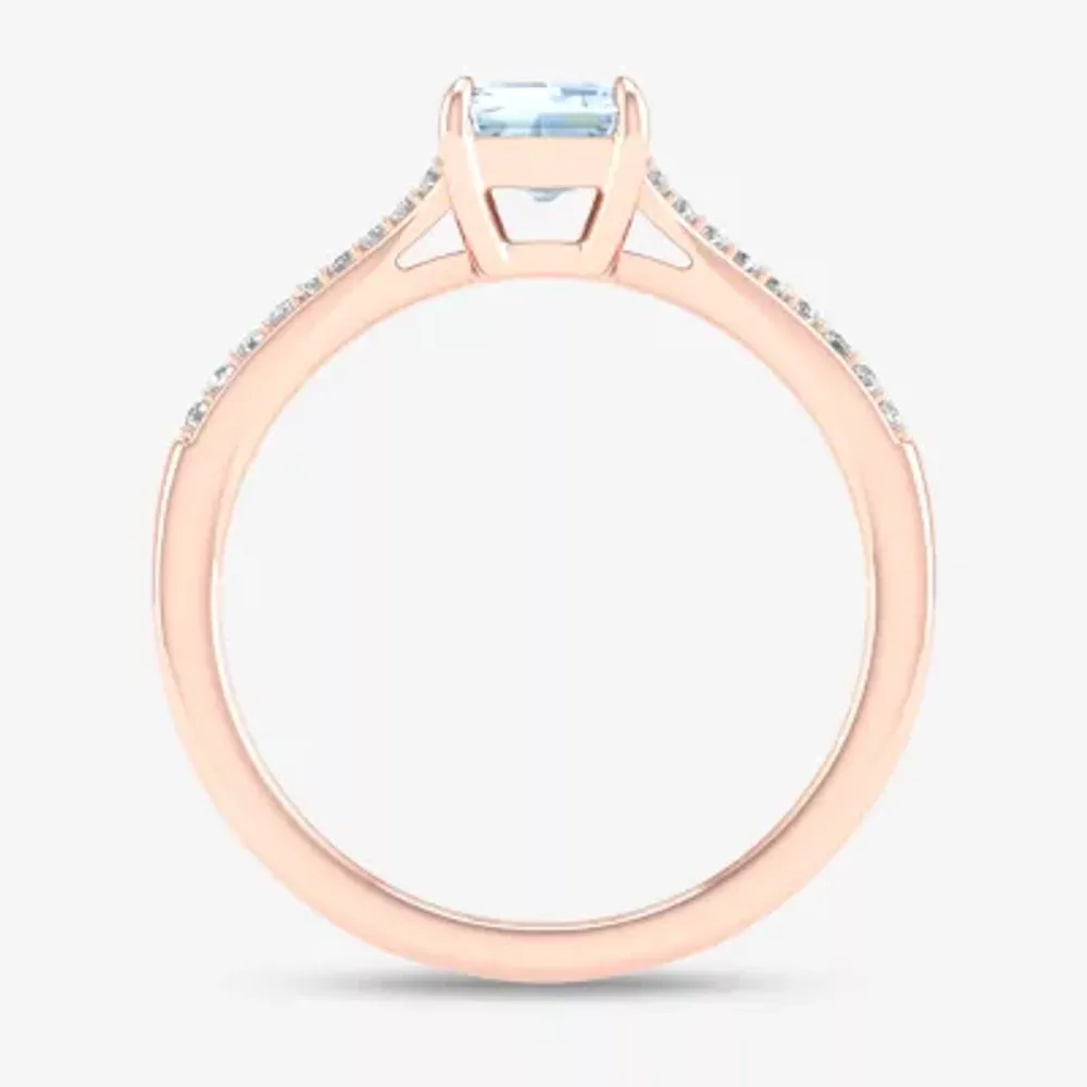 Womens Genuine Blue Aquamarine & 1/5 CT. T.W.  Diamond 10K Rose Gold Cocktail Ring