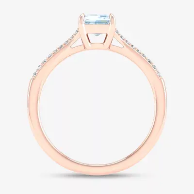 Womens Genuine Blue Aquamarine & 1/5 CT. T.W.  Diamond 10K Rose Gold Cocktail Ring