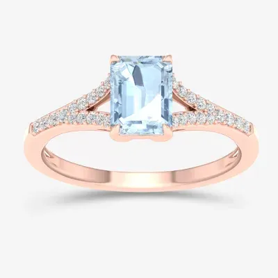 Womens Genuine Blue Aquamarine & 1/5 CT. T.W.  Diamond 10K Rose Gold Cocktail Ring