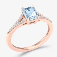 Womens Genuine Blue Aquamarine & 1/5 CT. T.W.  Diamond 10K Rose Gold Cocktail Ring