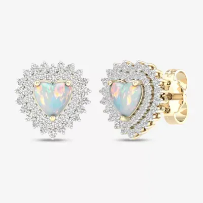 Womens Genuine Opal & 1/3 CT. T.W.  Genuine Diamondl 10K Gold 10.2mm Heart Stud Earrings