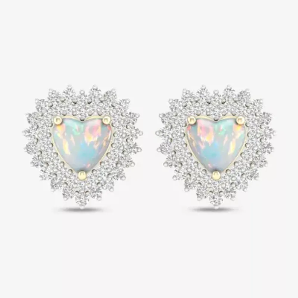 Womens Genuine Opal & 1/3 CT. T.W.  Genuine Diamondl 10K Gold 10.2mm Heart Stud Earrings