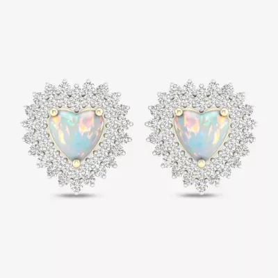 Womens Genuine Opal & 1/3 CT. T.W.  Genuine Diamondl 10K Gold 10.2mm Heart Stud Earrings