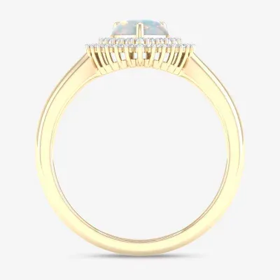 Womens Genuine Opal & 1/5 CT. T.W. Diamond 10K Gold Heart Halo Cocktail Ring